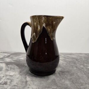 Vintage USA Pottery Drip Glaze Pitcher Brown and Tan Ceramic Jug